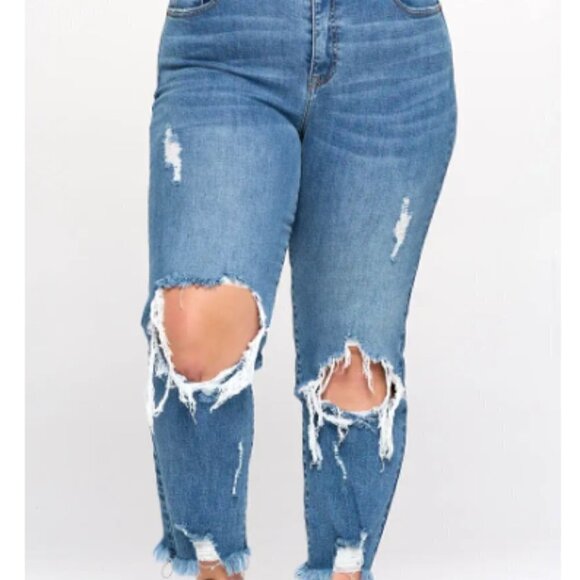 Women’s Medium Wash High Rise Distressed Raw Hem Straight Denim jeans - Picture 4 of 8